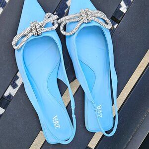 ZARA BLUE BOW SLINGBACK FLATS SIZE 37 - GENTLY WORN